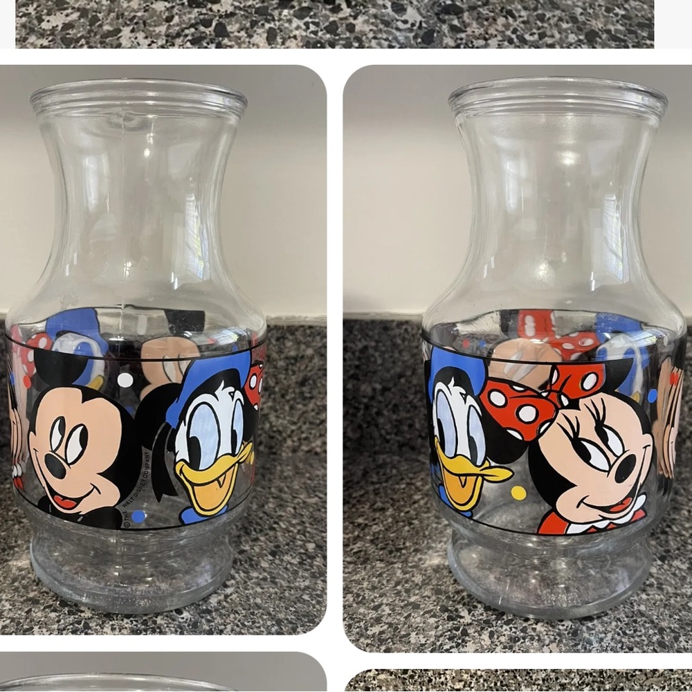 Vtg ANCHOR HOCKING Disney MICKEY MINNIE MOUSE DONALD Juice Carafe GLASS PITCHER